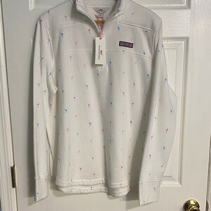 Vineyard Vines White Quarter Zip with Multicolor Flamingos thumb holes XL